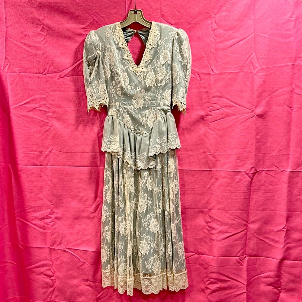Jessica McClintock silvery blue sage vintage tea length lace dress